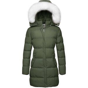 Women's Olive Winter Puffer Coat Warm Removable Hood Jacket